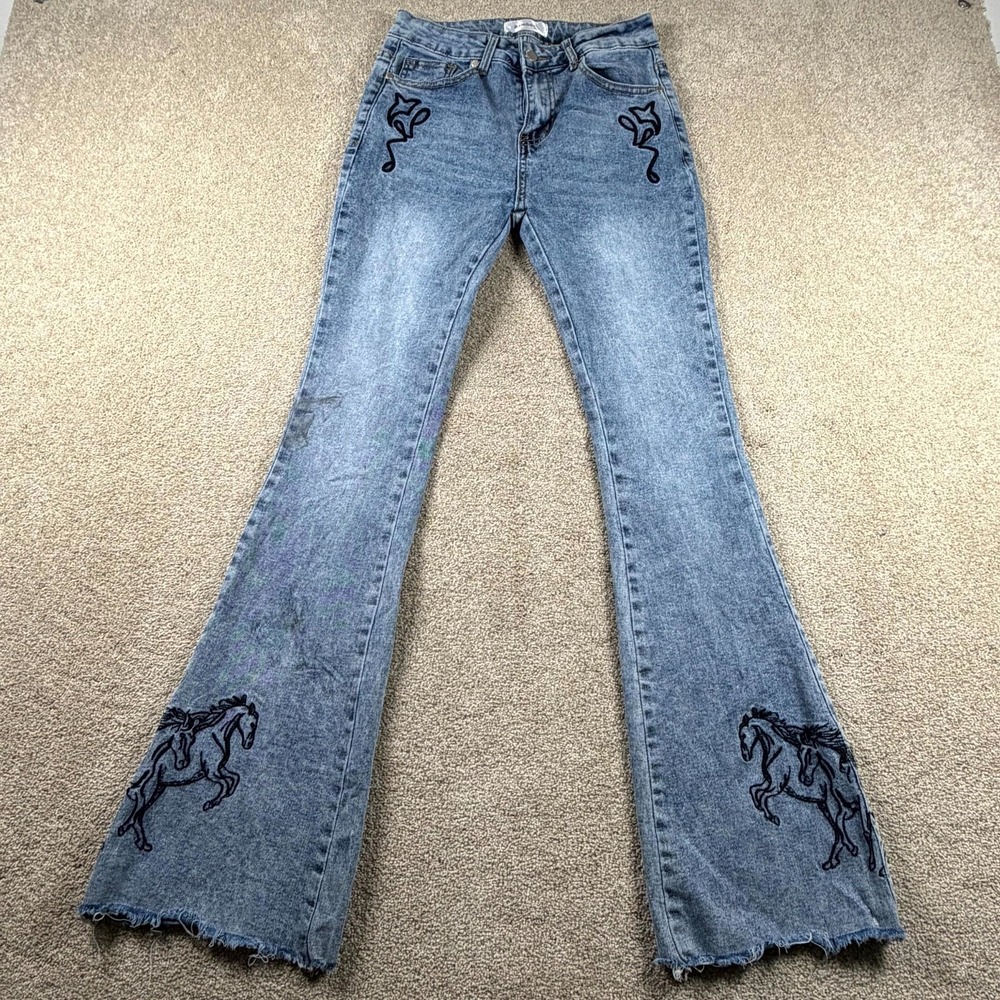 Bamboo Jeans Womens 5 Blue Denim Horse Embroidered Cotton Raw Hem Flare Leg
